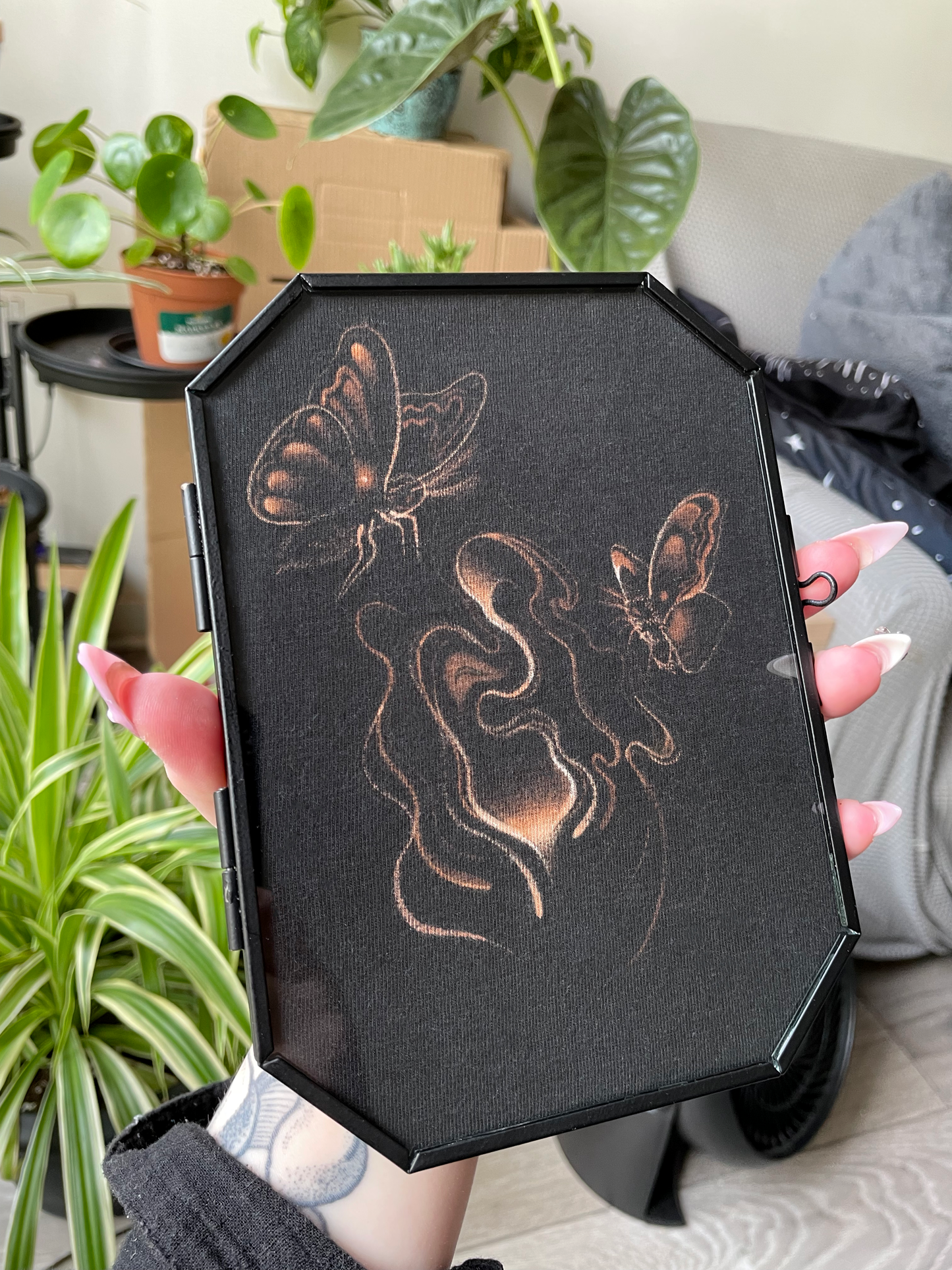 Hand painted bleach artwork in metal frame - 'Deathbeds'
